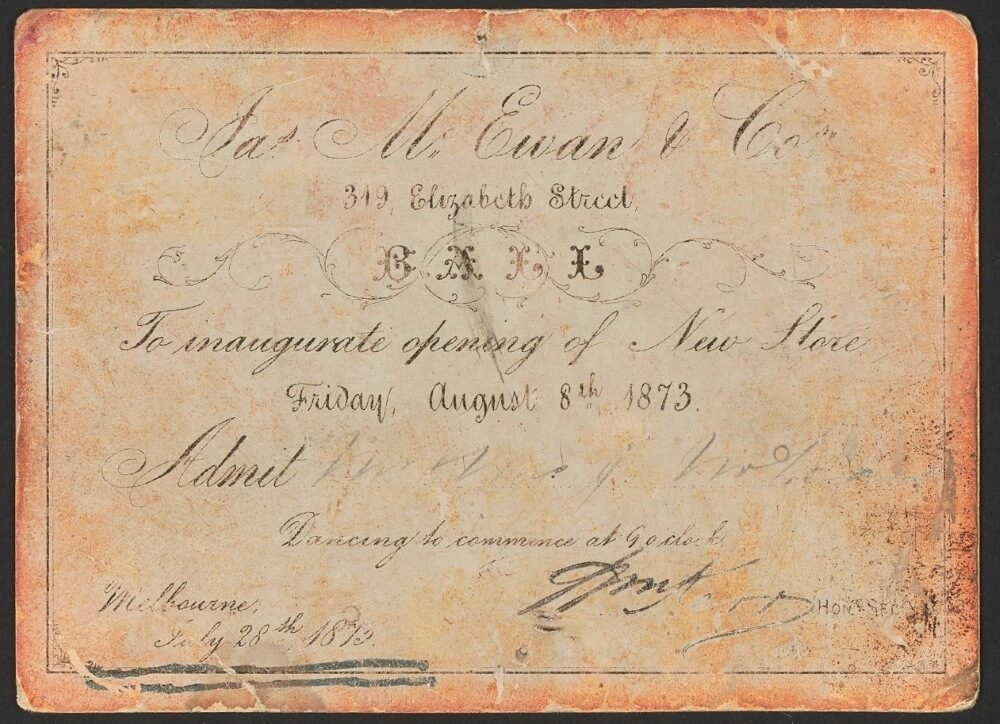 Vintage invitation card for the opening of a new store on August 8th, 1873, in Melbourne.