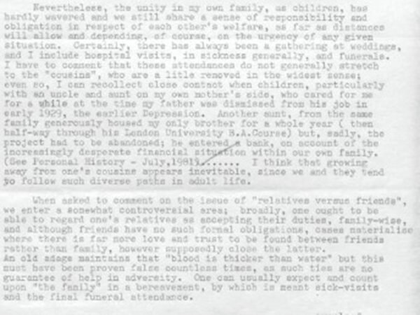 Typed text image with two paragraphs in a typewriter-style font discussing family unity, disconnection, caregiving, and superficial social interactions.