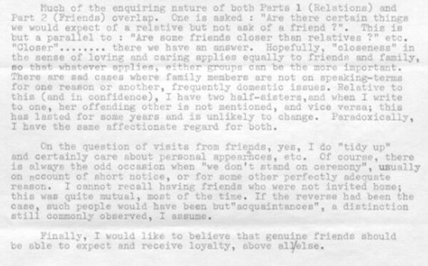 Typewritten text discussing relationships, friendships, and personal reflections