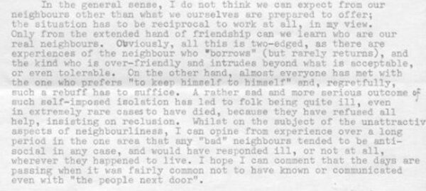 A typed text discussing neighbourly relationships and social isolation