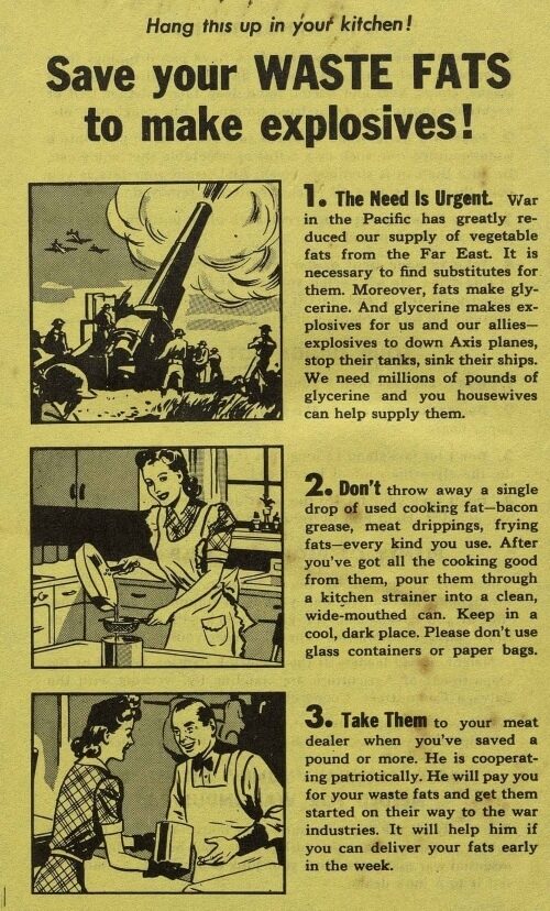 A vintage poster urging people to save waste fats for making explosives, with steps to collect and deliver fats.
