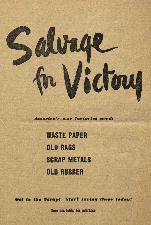 Poster promoting recycling materials for war, listing waste paper, rags, metals, and rubber.