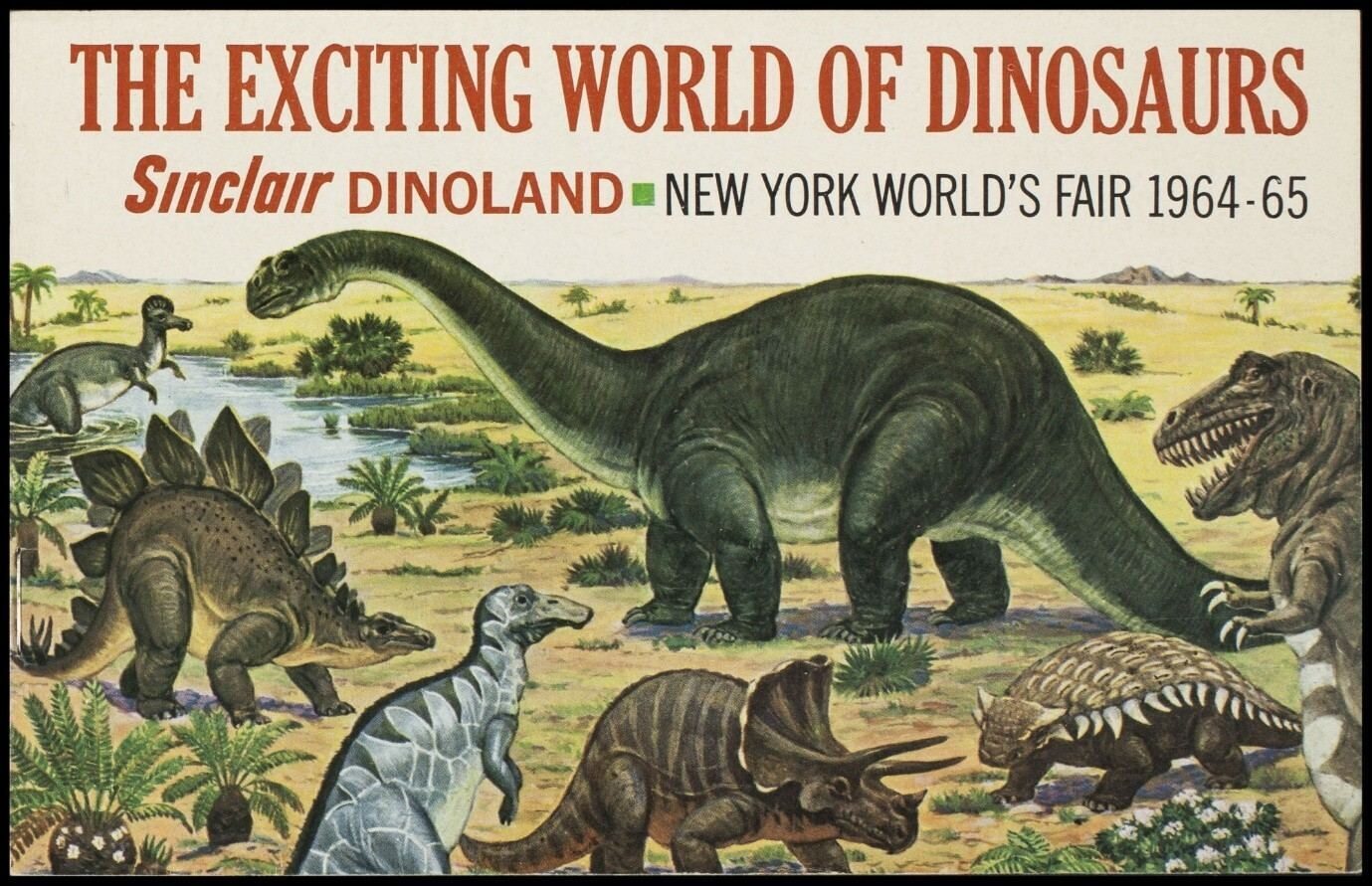 A promotional poster of various dinosaurs for Sinclair Dinoland at the 1964-65 New York World's Fair.