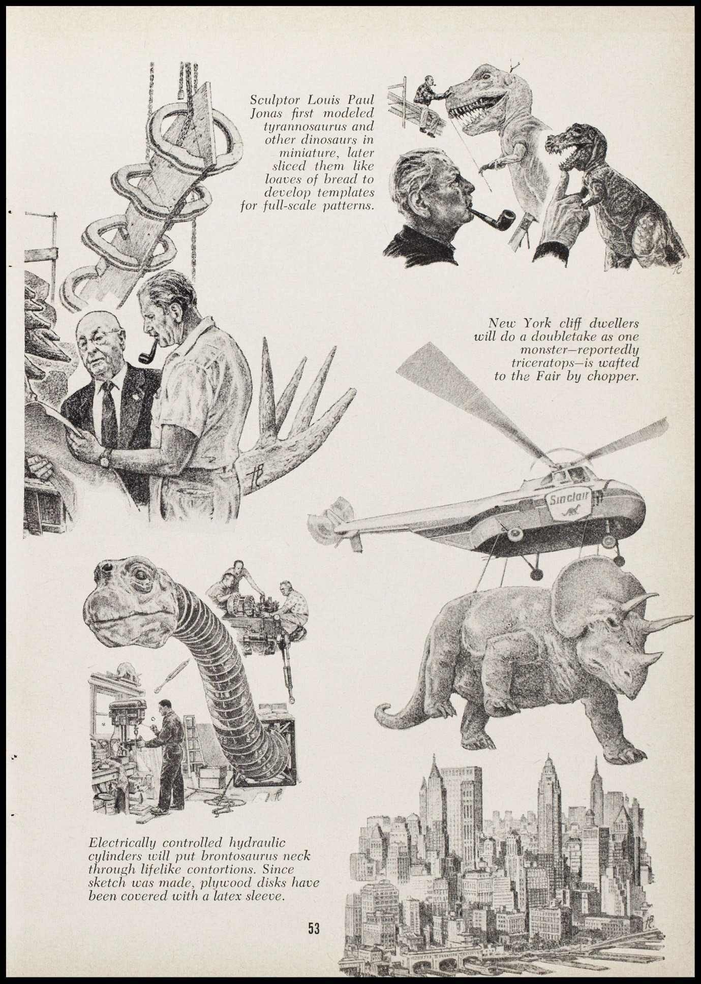Illustrations of a spiral slide, scientists, a helicopter, dinosaurs, and an elephant.