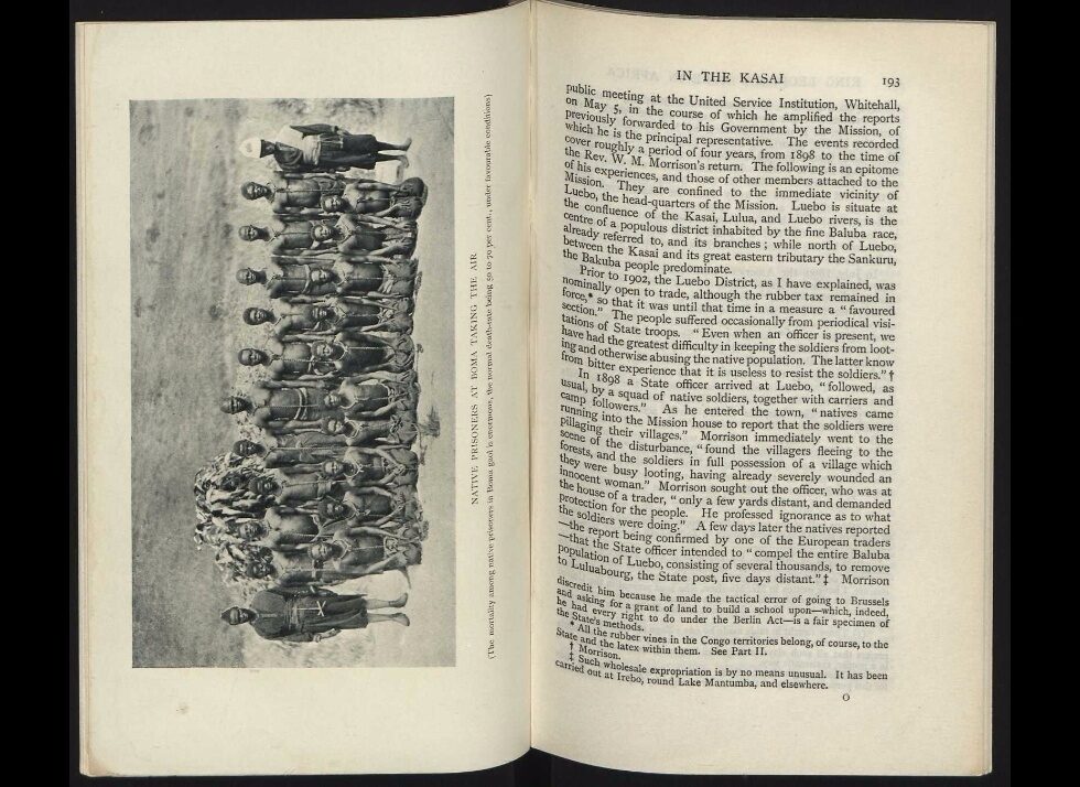 A historical photo of native soldiers in traditional attire, standing in two rows. Text from a book page is visible beside them.