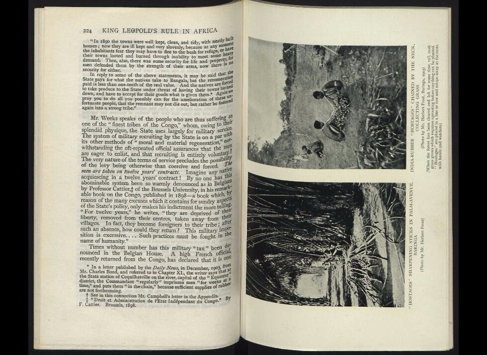 Two historical black and white photos in a book about King Leopold's rule in Africa.
