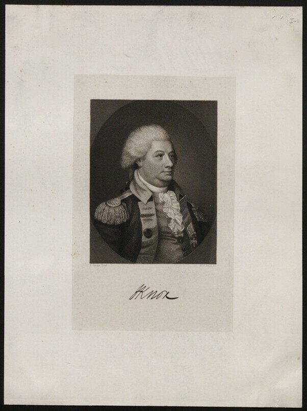 A portrait of Henry Knox in American military uniform from the Revolutionary War, with 'Knox' written below.