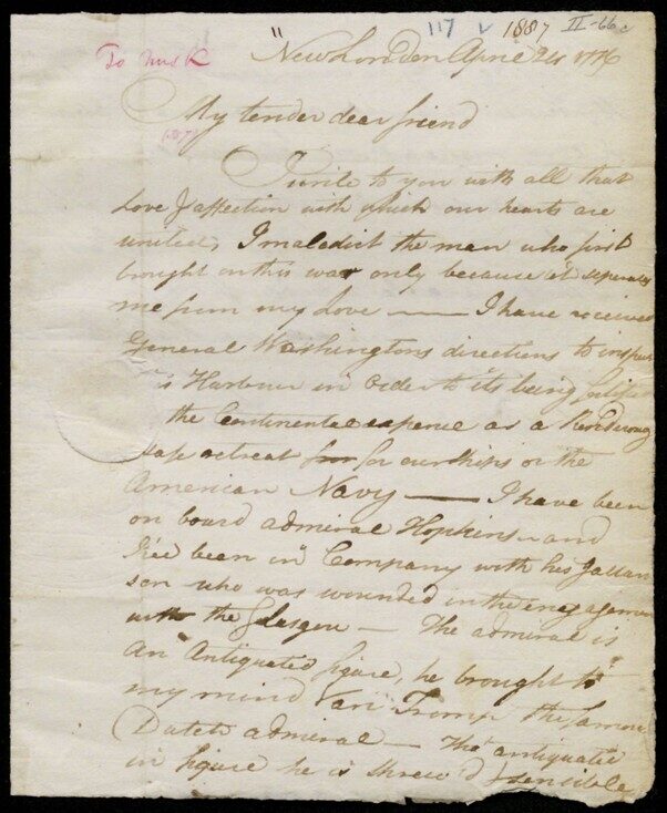Letter dated April 24, 1776, from New London, expressing affection and discussing military matters.