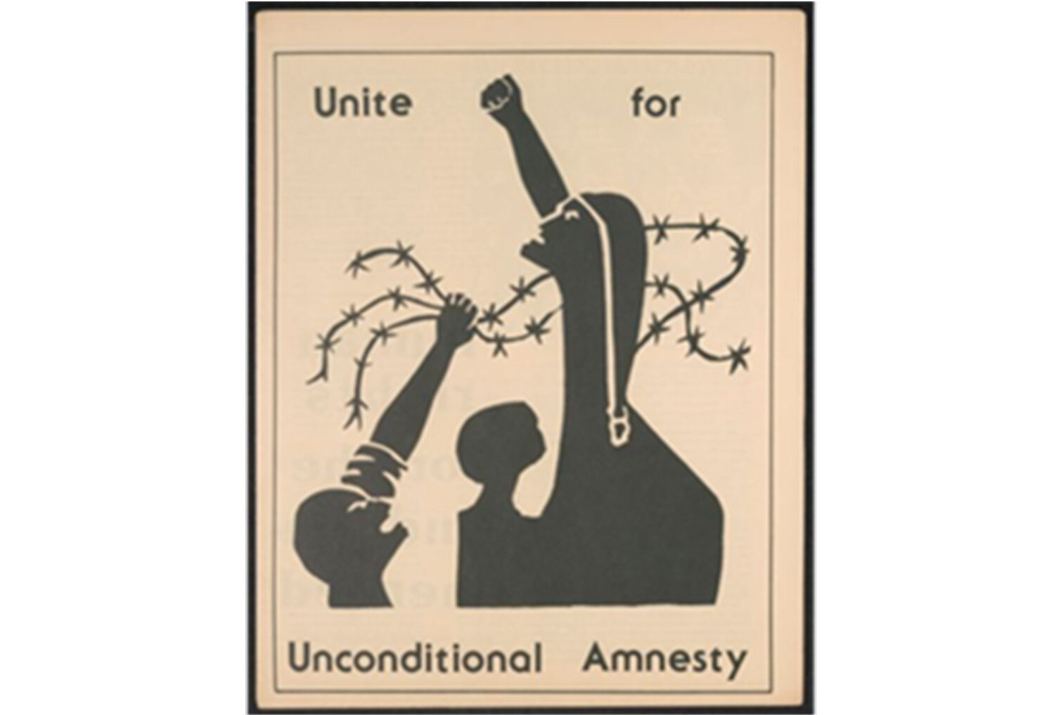 A stylised graphic with raised fists breaking barbed wire, captioned "Unite for Unconditional Amnesty".