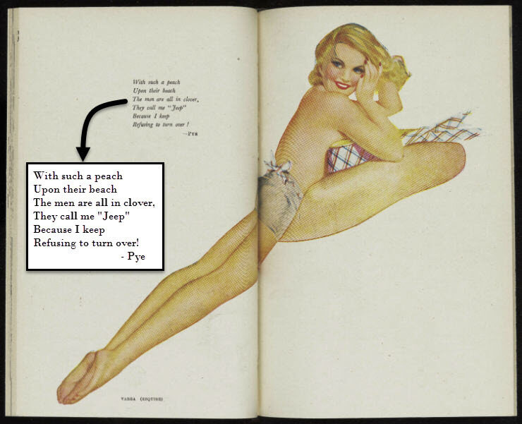 A smiling woman posing playfully on a couch, wearing minimal clothing, with poem text beside her