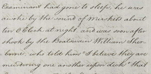 A handwritten text with historical content, detailing an event at night with musket sounds