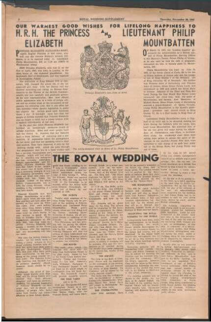 A newspaper page celebrating the wedding of Princess Elizabeth and Lieutenant Philip Mountbatten.