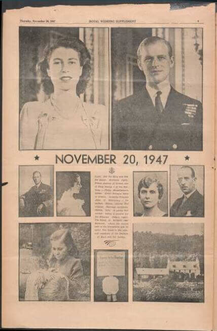Newspaper page from November 20, 1947, featuring royal wedding announcement with photos.