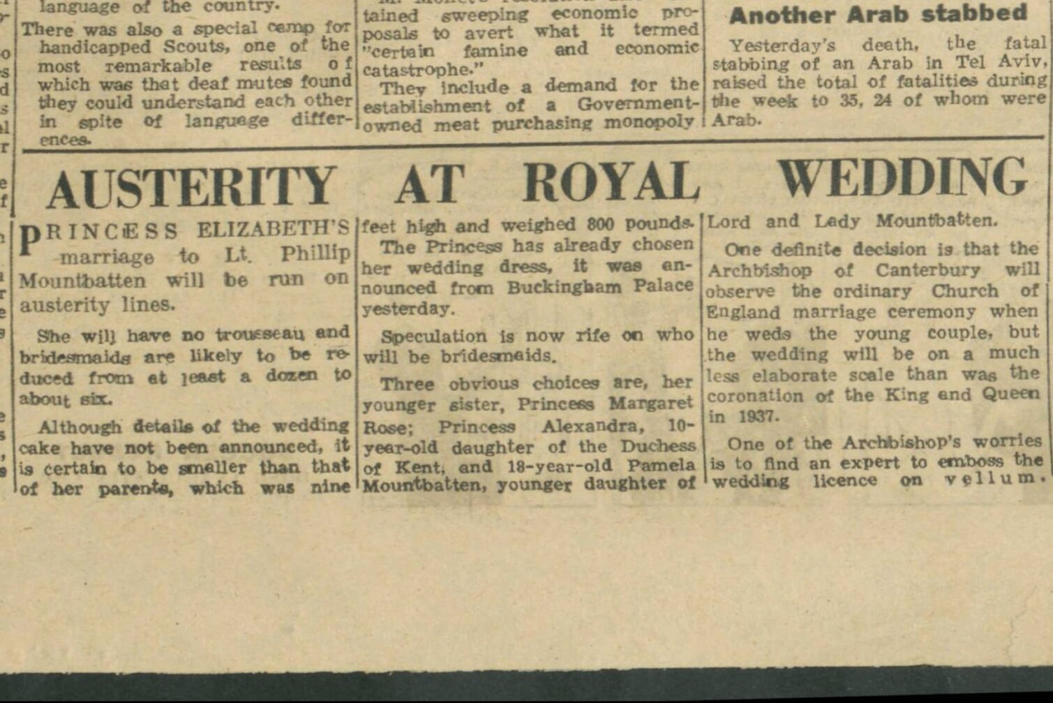 Newspaper article about Princess Elizabeth's austere wedding plans with Lt. Phillip Mountbatten.