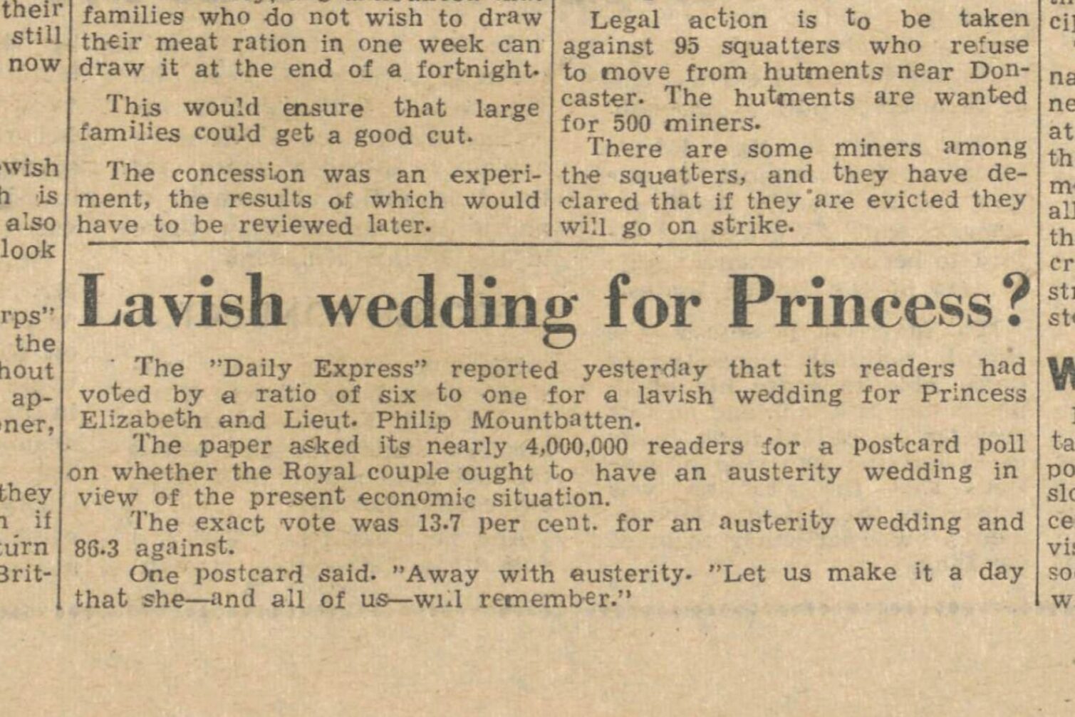 Old newspaper clipping about a lavish wedding for Princess Elizabeth and Philip Mountbatten, with poll results.