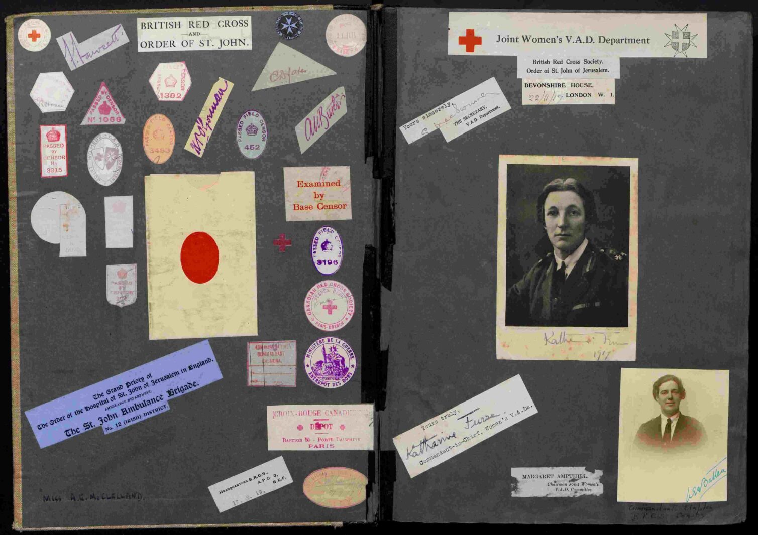 A scrapbook page with military badges, photos, and various stamps related to the Red Cross