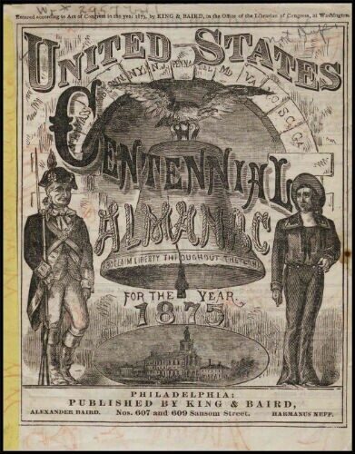 Cover of the 1876 United States Centennial Almanac featuring a soldier and a female figure.