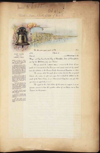 A historical document featuring the Liberty Bell illustration, with text on the side and a sketch of a city skyline.