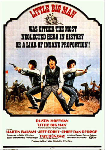Movie poster for "Little Big Man" featuring characters in historical attire, with guns and a desert backdrop.