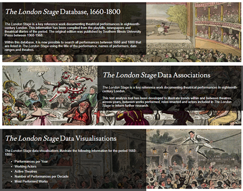Webpage sections about The London Stage Database, with illustrations of historical performances