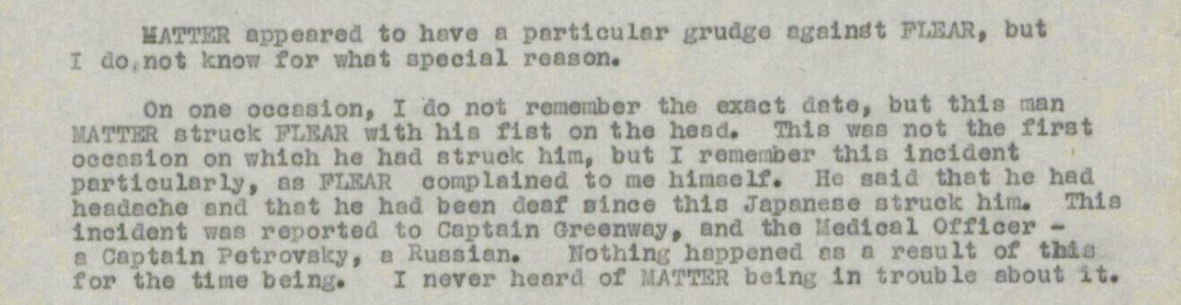 A typed document discussing a conflict between two individuals, Matter and Flear, detailing an incident where Matter struck Flear.