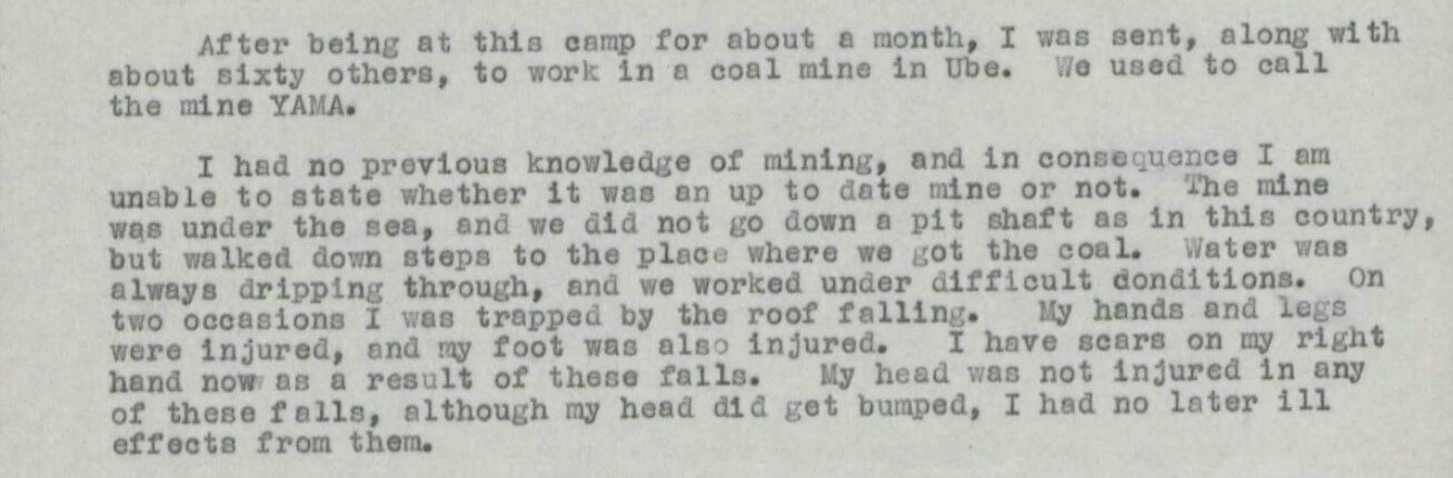 A typed page recounting experiences working in a coal mine, detailing injuries and conditions.