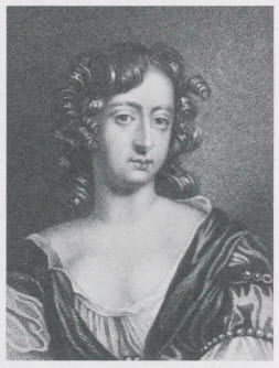 A historical portrait of a woman with curly hair, wearing a black dress with white details.