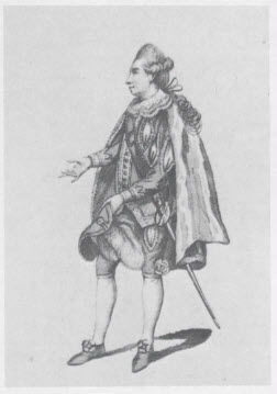 A historical figure dressed in eighteenth-century clothing, holding a hat with one hand.