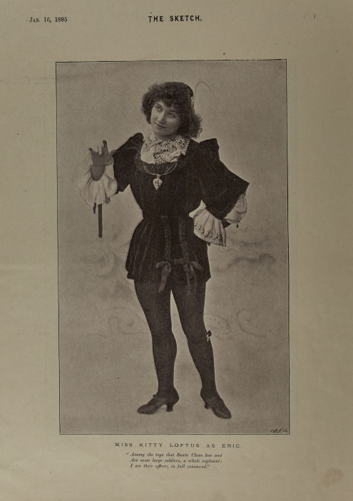 Victorian magazine page showing actress Kitty Loftus in costume as Eric.