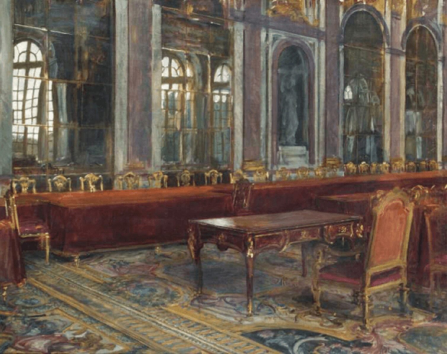 A grand room with tall windows, decorated walls, a long red table, and ornate chairs.