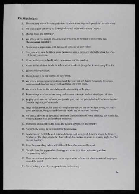 A printed document listing 40 principles for theatre production and collaboration.