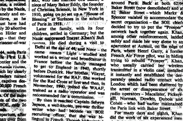 Black and white newspaper clipping discussing Noor's family during WWII, featuring details about their experiences.