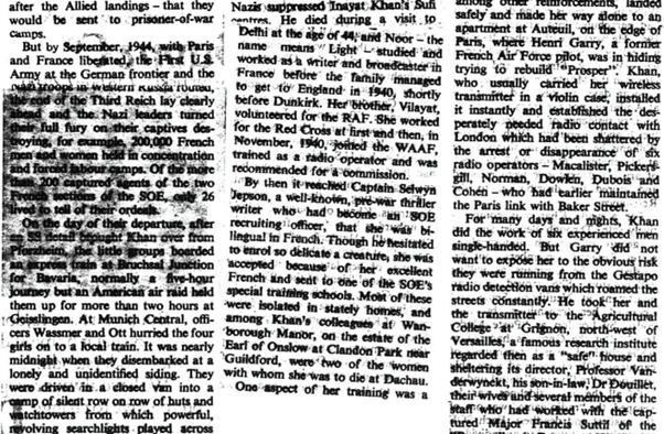 A newspaper article discussing Noor's work as an SOE and her training in radio operations.