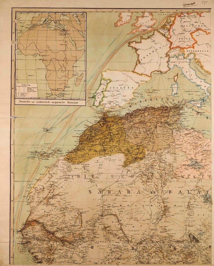 A vintage map of North Africa, showing countries and geographic features, with a smaller inset map of Europe