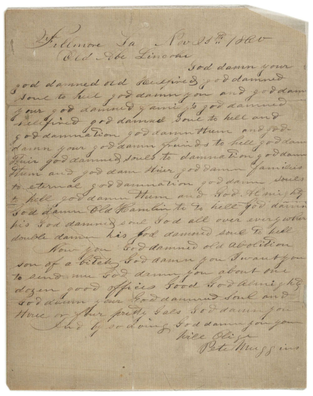 A handwritten letter dated November 13, 1864, discussing strong feelings toward President Lincoln and abolition.