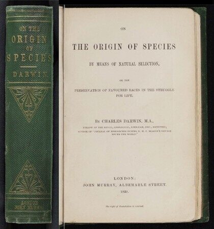 The front page of a book titled, 'The Origin of Species' by Charles Darwin.