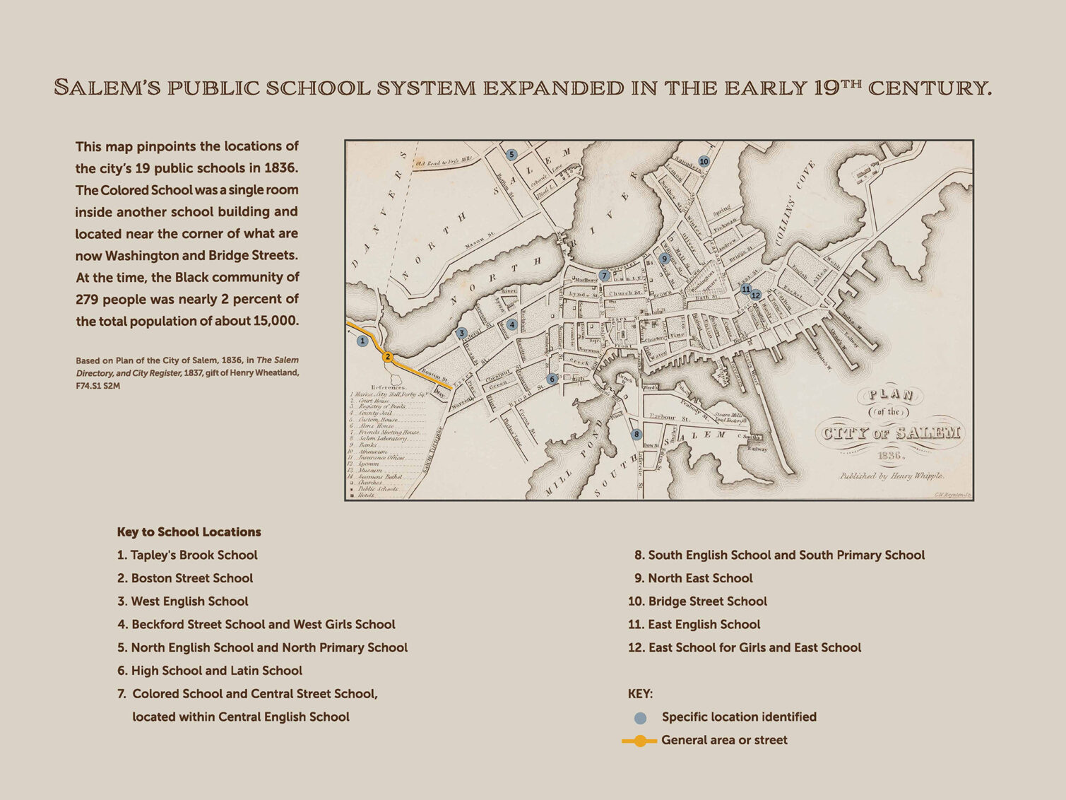 A historical map of Salem showing public school locations from the early 19th century