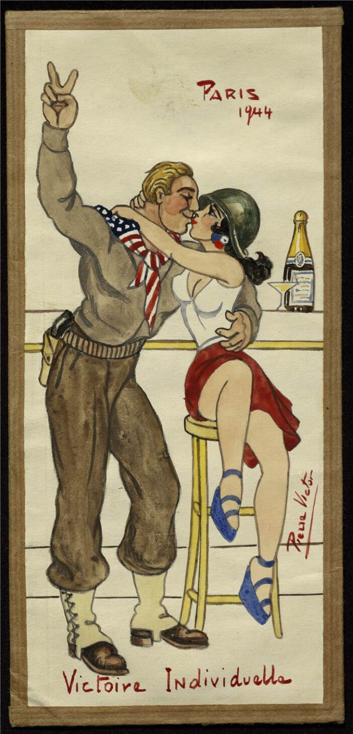 A soldier in uniform kisses a woman in a red skirt, both smiling. A bottle is nearby