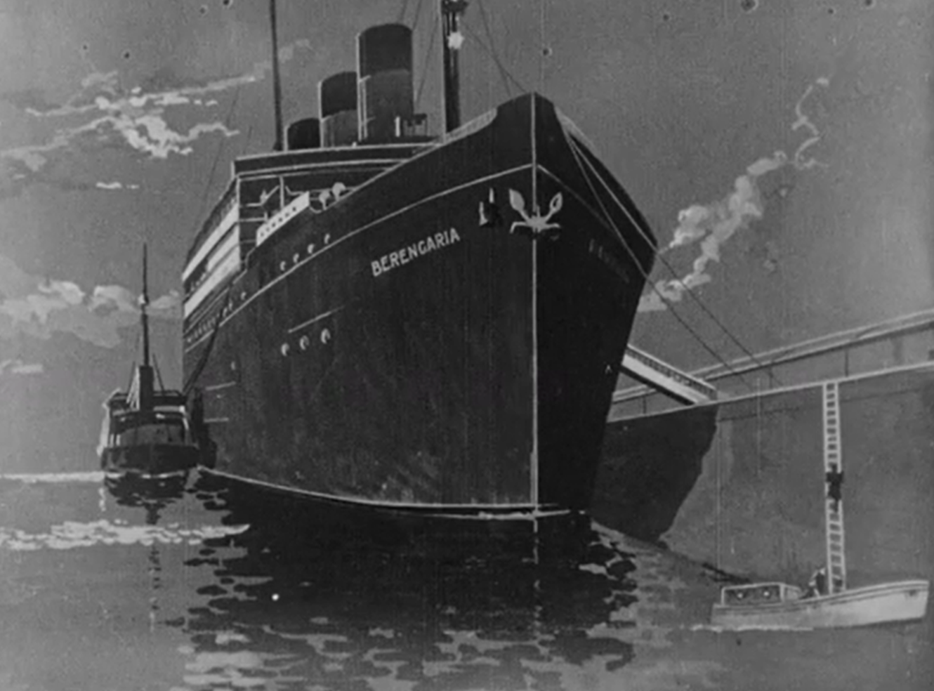 A large ship named 'Siciliana' docked near a pier with calm water reflection
