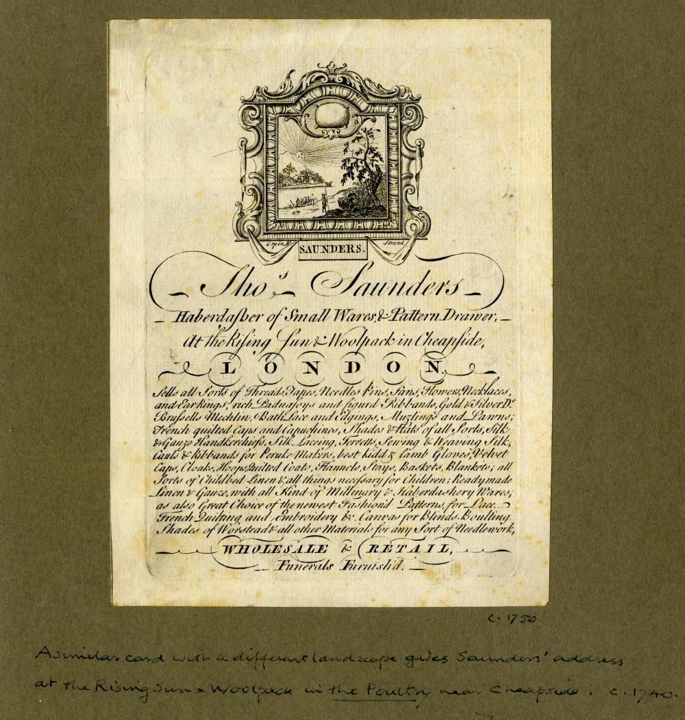 An antique advertisement for Tho's Saunders, a haberdasher in London, with decorative border and text detailing products.