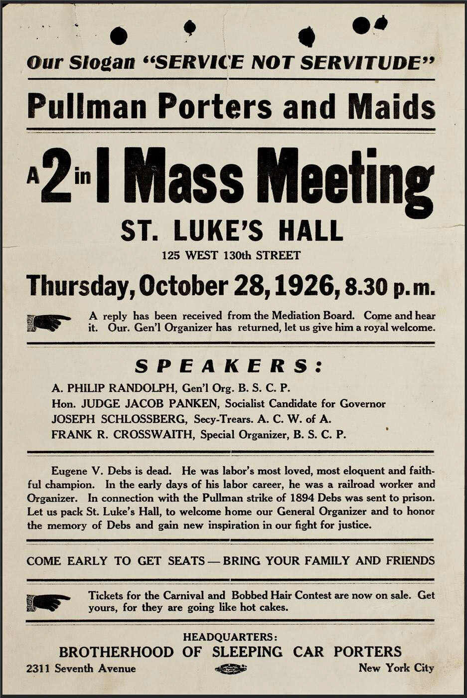 A vintage flyer announcing a mass meeting for Pullman porters at St. Luke's Hall on 28 October 1926, featuring speakers.