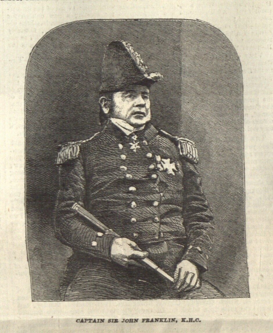 A historical illustration of Captain Sir John Franklin in military uniform, sitting with a cane.