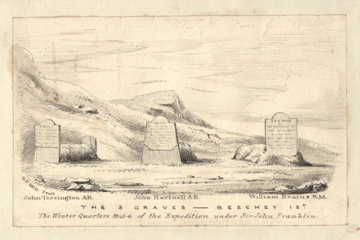 Three grave markers on a rocky landscape, surrounded by mountains, labeled with names and dates.