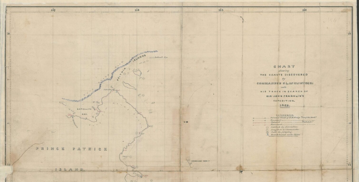 A historical maritime chart showing coasts discovered by Commander F.L. McClintock in 1852.
