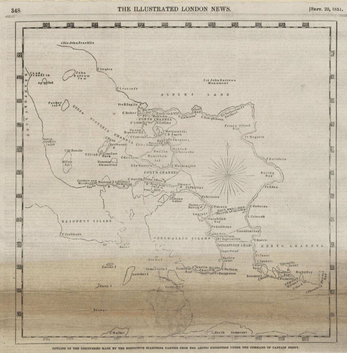 Map showing discoveries from Arctic expeditions under Captain Penny in 1851.
