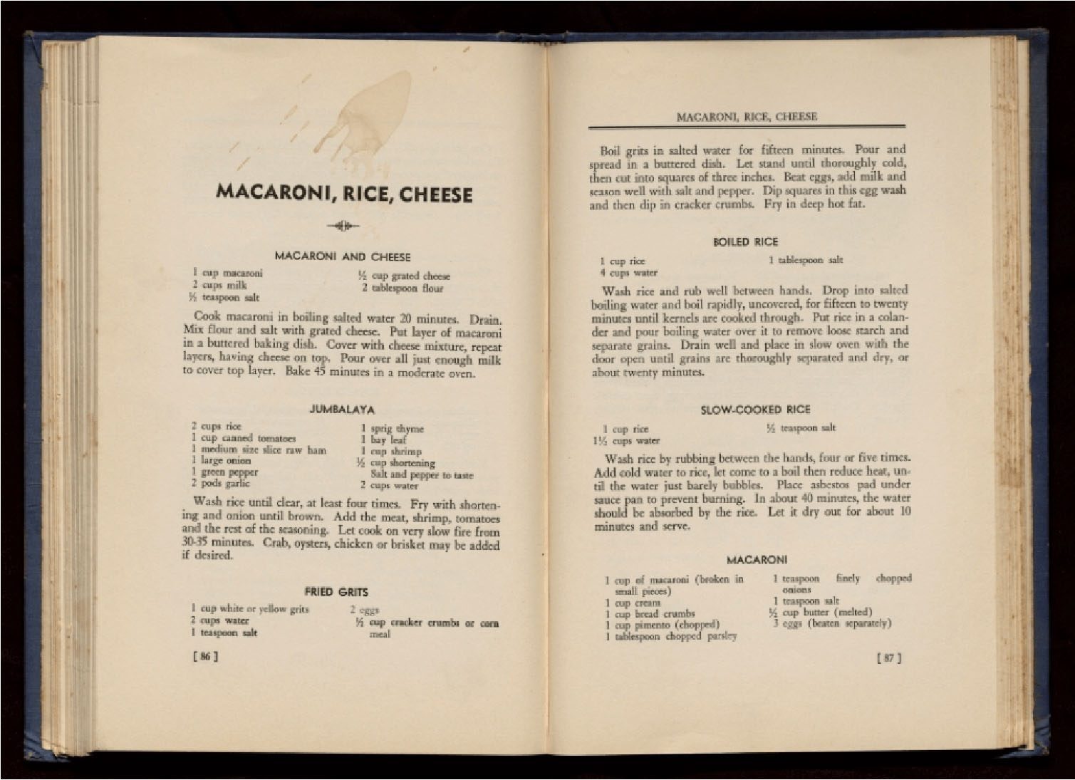 Open cookbook page with recipes for macaroni, rice, and cheese, featuring ingredients and instructions