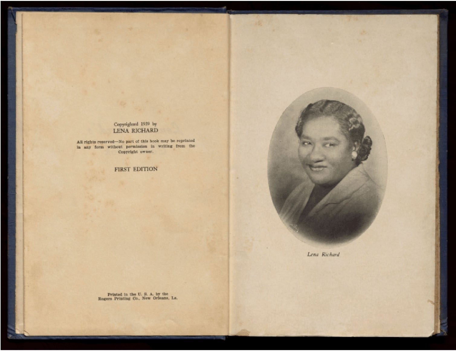 A black and white portrait of a smiling woman in an oval frame, inside a book