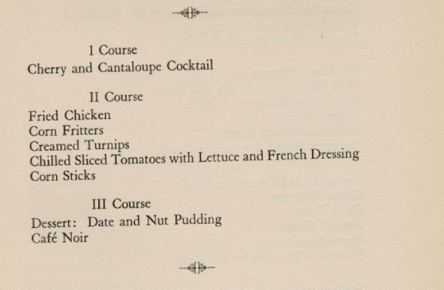 Menu listing three courses: Cherry and Cantaloupe Cocktail, Fried Chicken, Date and Nut Pudding