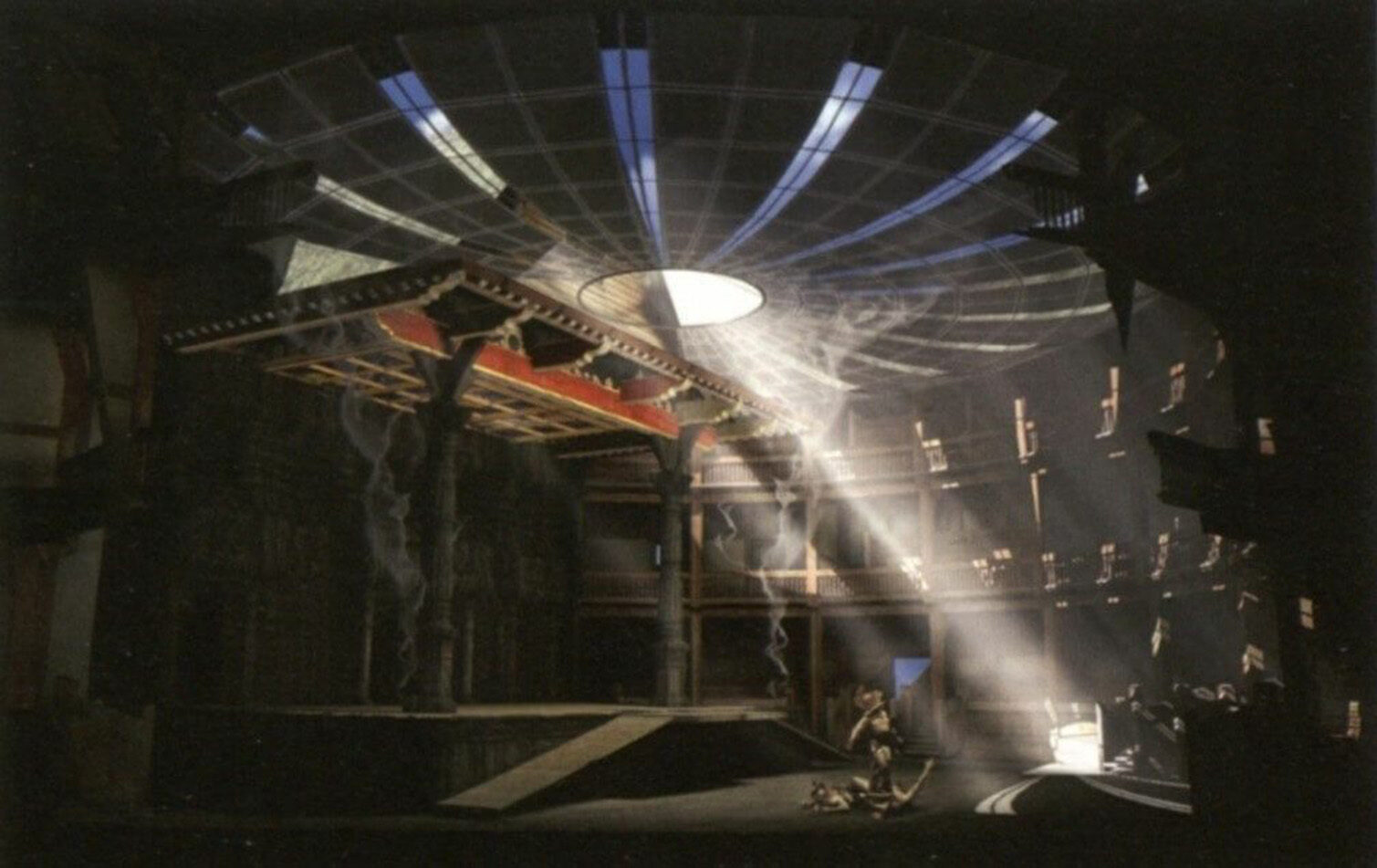 An artistic stage design with dramatic lighting and beams illuminating a circular platform