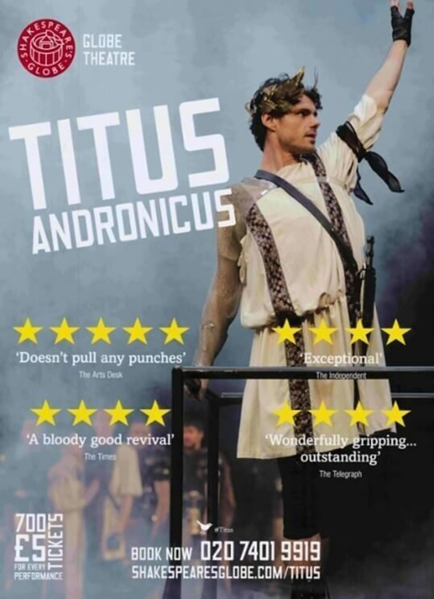 A performer in a toga raising one arm, promoting the play 'Titus Andronicus' with star ratings